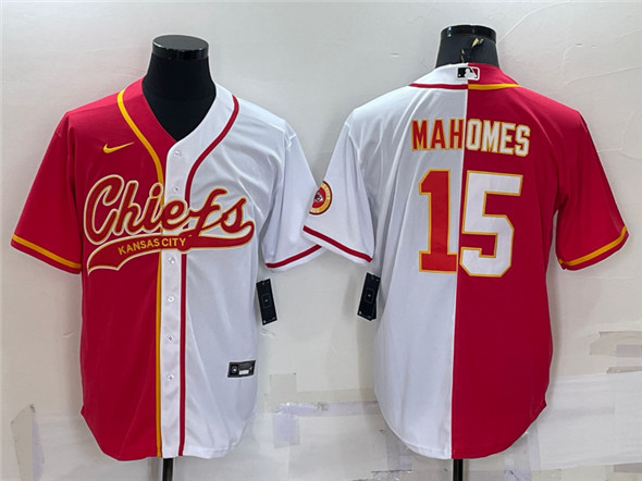 Men's Kansas City Chiefs #15 Patrick Mahomes Red/White Split With Patch Cool Base Stitched Baseball Jersey
